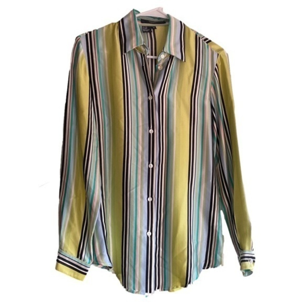 Ishyu Silk Yellow Blue Striped Button-Up Shirt size 2
